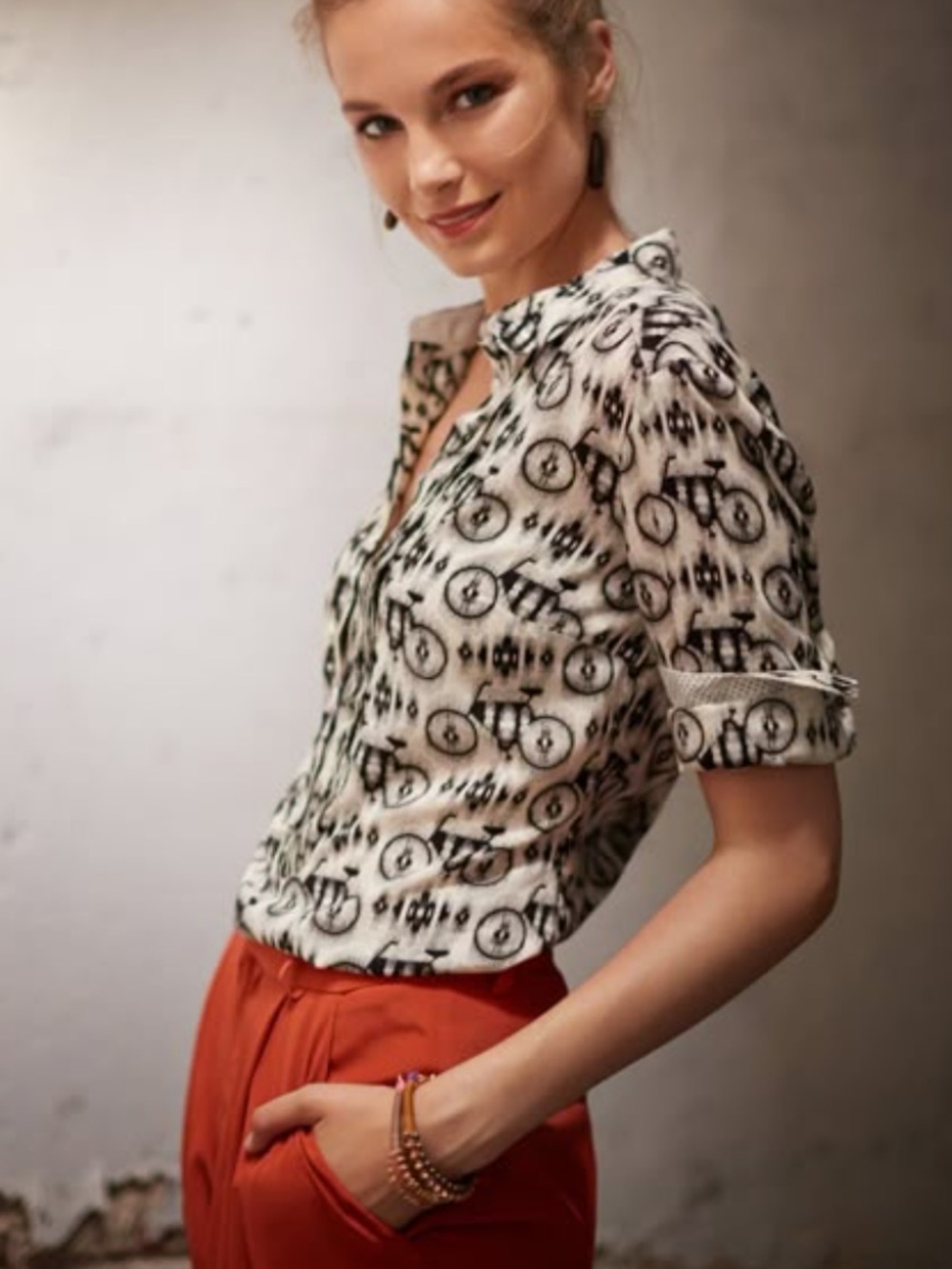Anthropologie MAEVE Black & White Bicycle Printed Anni Popover